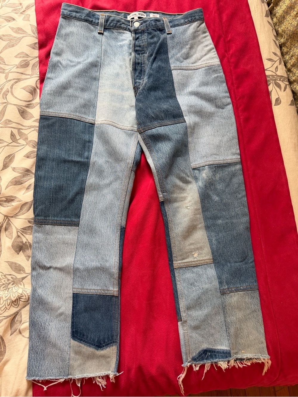Re/Done Patchwork Straight Leg Jeans in Mixed Blue Denim